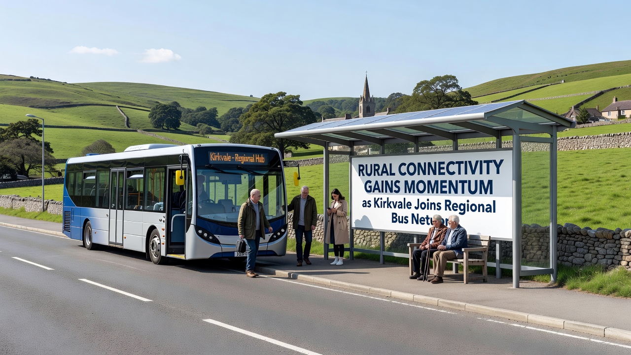 Regional bus traveling along rural roads connecting Kirkvale to nearby towns